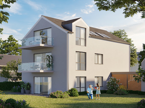 Rückansicht des Neubaus mit Balkonen und Garten in Aystetten